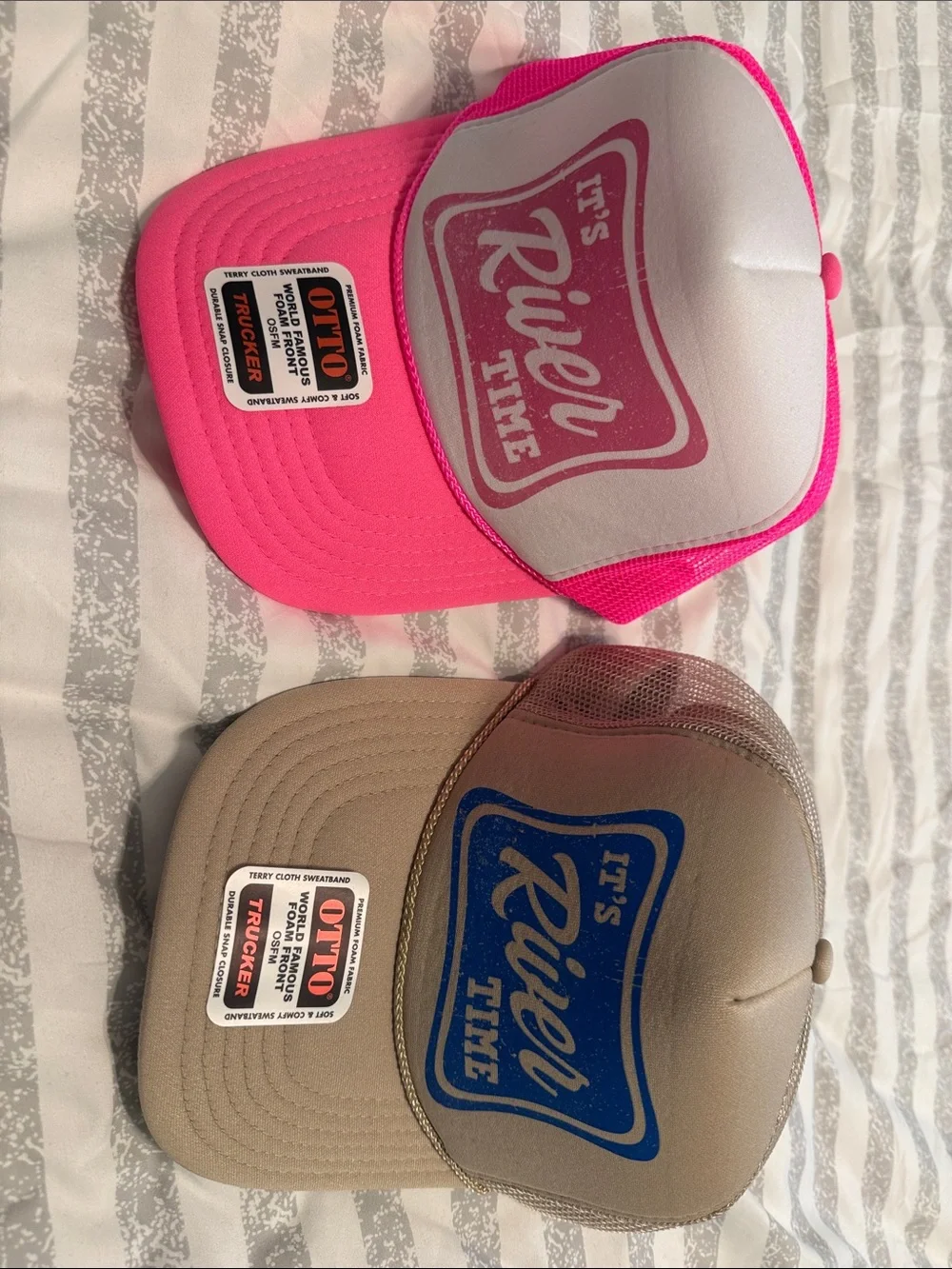 OTTO Two-Pack Trucker Hats in Hot Pink & Tan with Graphic Slogans